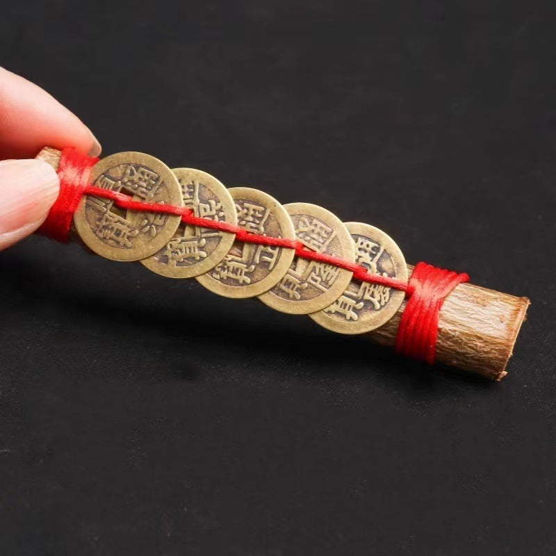 Taoist Home Feng Shui Decorative Piece: Peach Branch & Five Emperors' Coins Ornament
